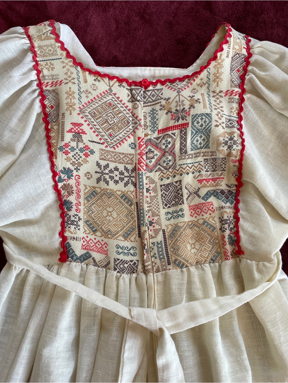 White Linen Patterned Folk Dress - Picture 5 of 5